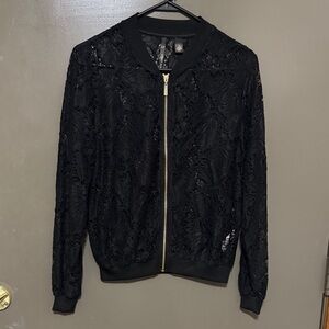 Chic Black Lace Bomber Jacket